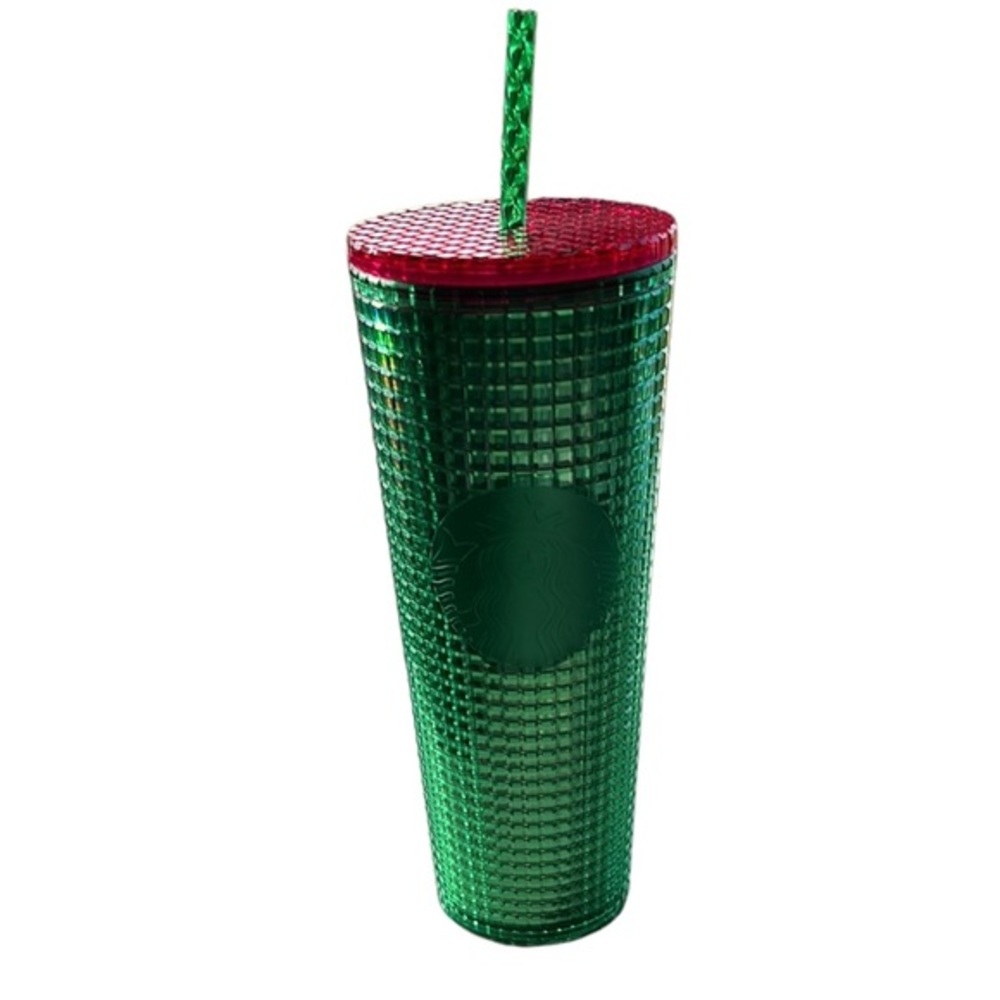 Starbucks venti tumbler green grid design with pink lid